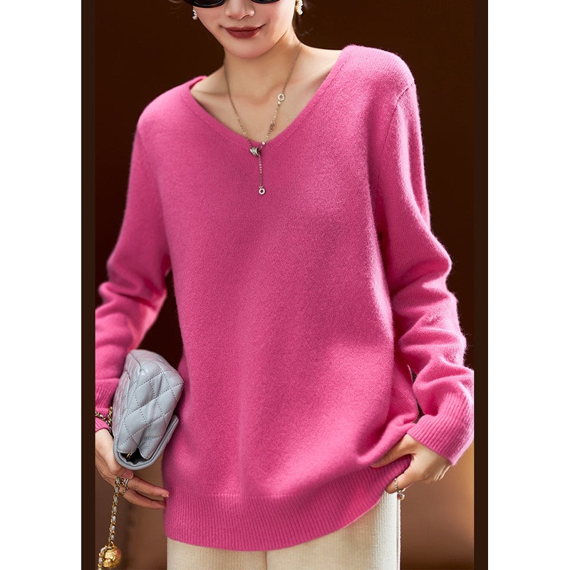 Simple Rose V Neck Cozy Wool Sweaters Long Sleeve