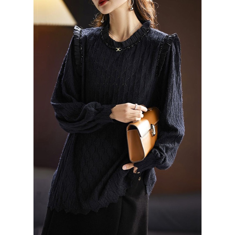 Stylish Black Ruffled Nail Bead Lace Shirt Spring