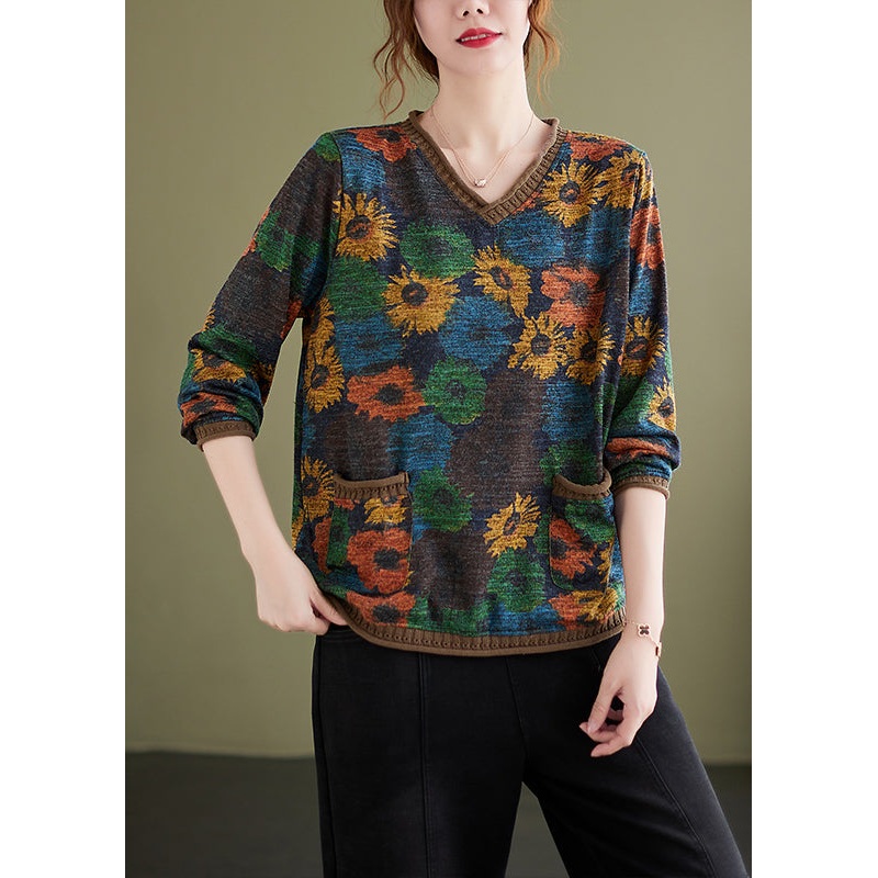 Versatile V Neck Print Pockets Knit Short Sweater Spring