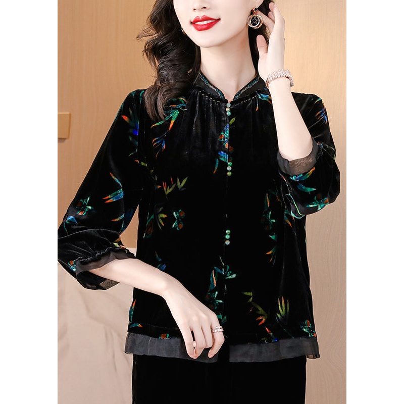 Vintage Black Stand Collar Print Silk Velour Shirts Spring