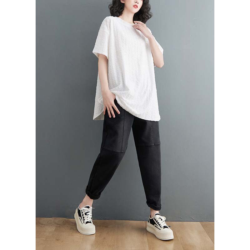 White Wrinkled Cotton T Shirt O Neck Side Open Summer