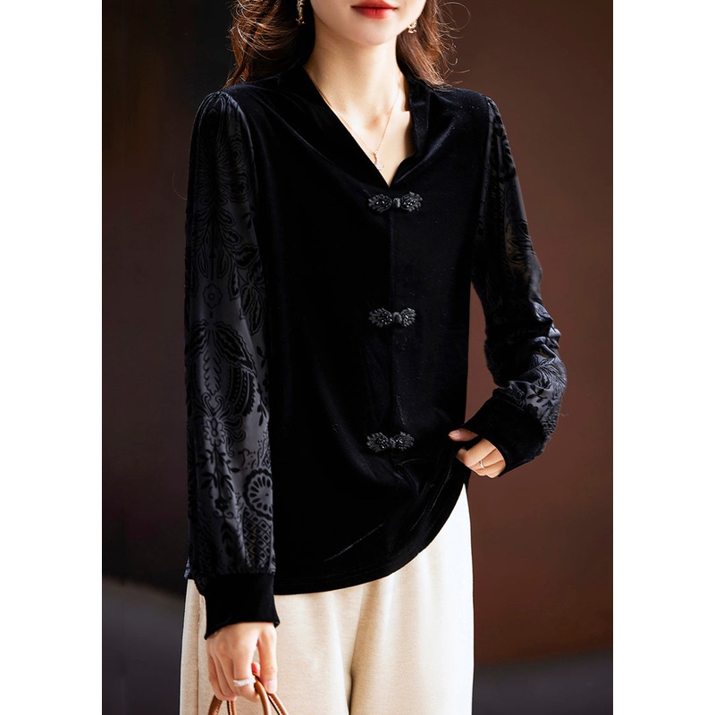Women Black V Neck Button Silk Velour Tops Long Sleeve