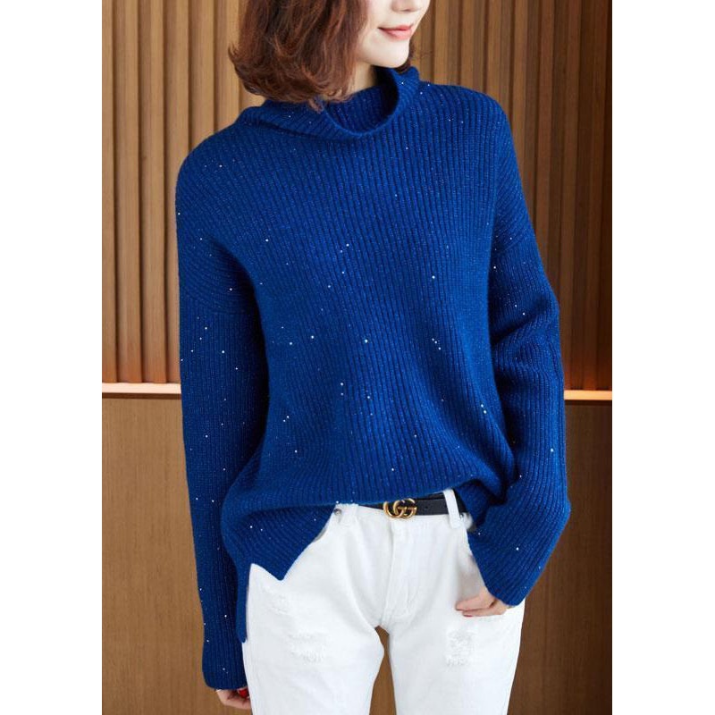 Women Blue Turtleneck Side Open Cotton Knit Sweaters Long Sleeve