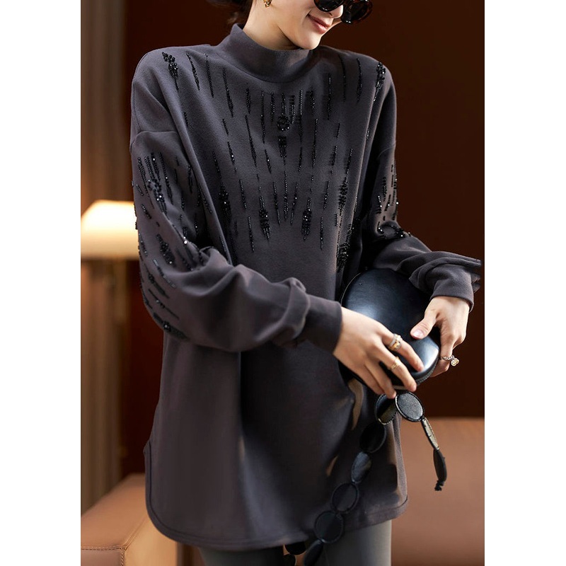 Women Dark Gray Turtleneck Nail Bead Cotton Sweatshirt Long Sleeve