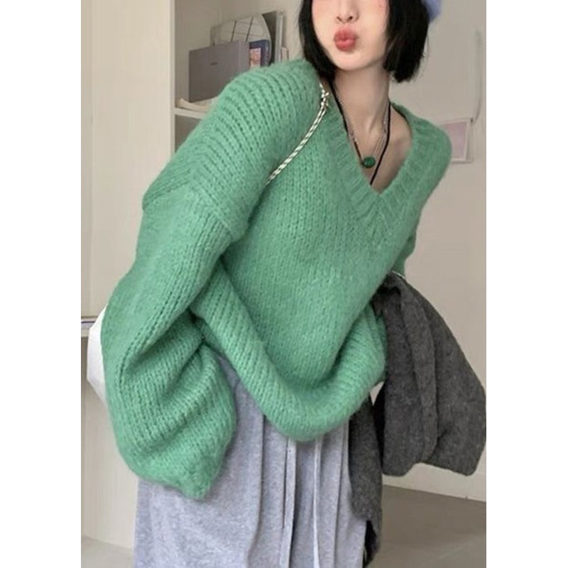 Women Green V Neck Solid Cotton Knit Sweaters Long Sleeve