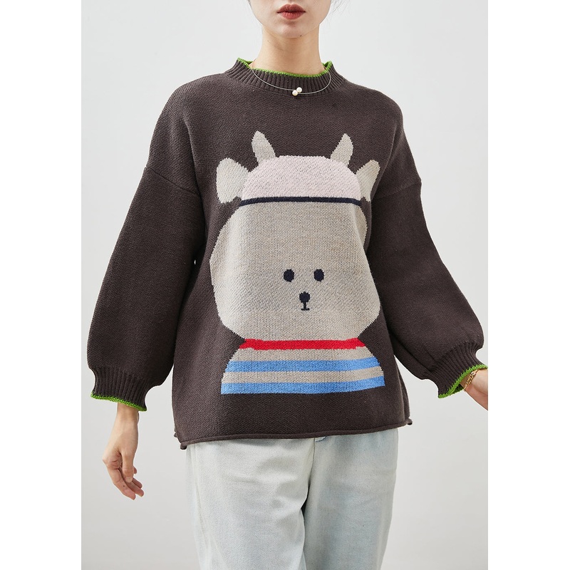 Beautiful Brown Oversized Cartoon Print Knit Sweaters Winter