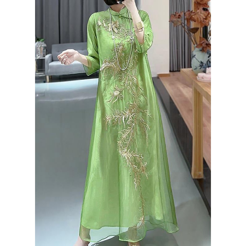 Beautiful Green Embroidered Button Cotton Long Dress