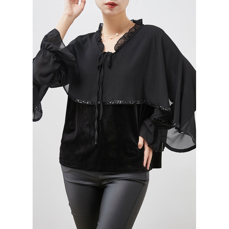 Black Patchwork Velour Chiffon Shirt Ruffled Lace Up Spring