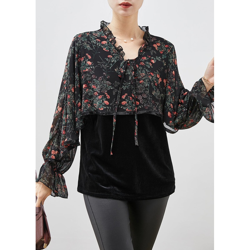 Boho Black Print Ruffled Patchwork Velour Chiffon Shirt Spring