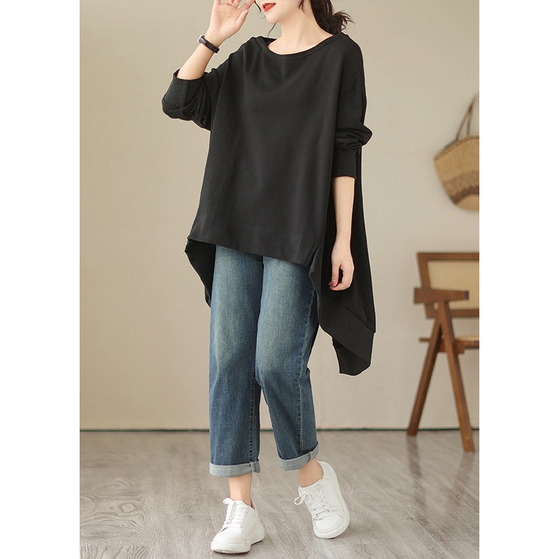 Chic Black O Neck Low High Design Cotton Tops Spring