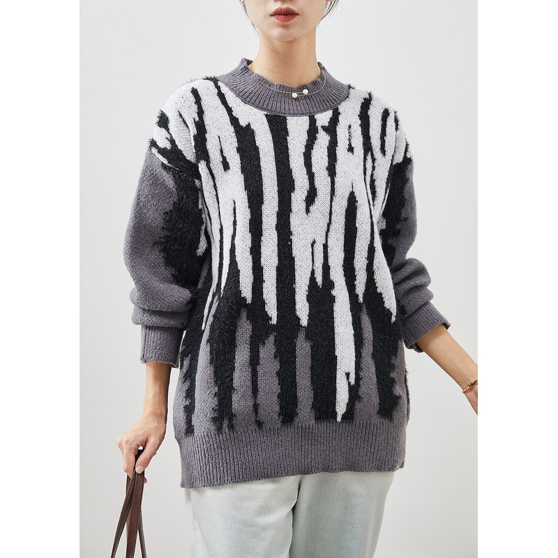 DIY Grey Oversized Jacquard Knit Pullover Winter