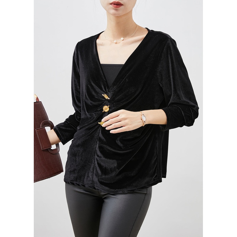 Elegant Black V Neck Wrinkled Silk Velour Blouse Tops Spring
