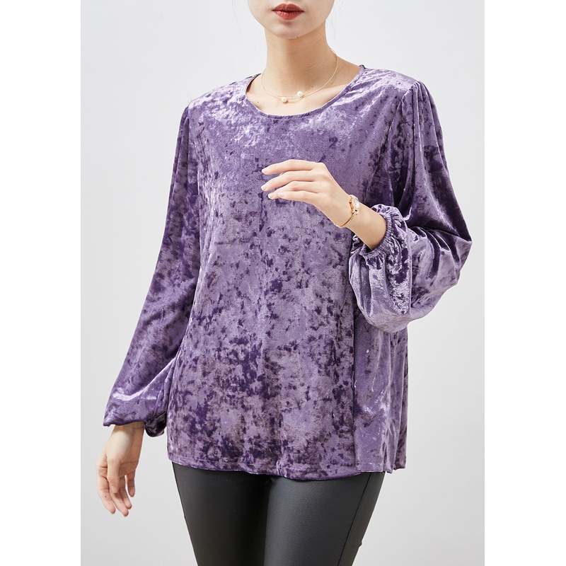 Fine Purple O-Neck Oversized Silk Velour Shirts Spring