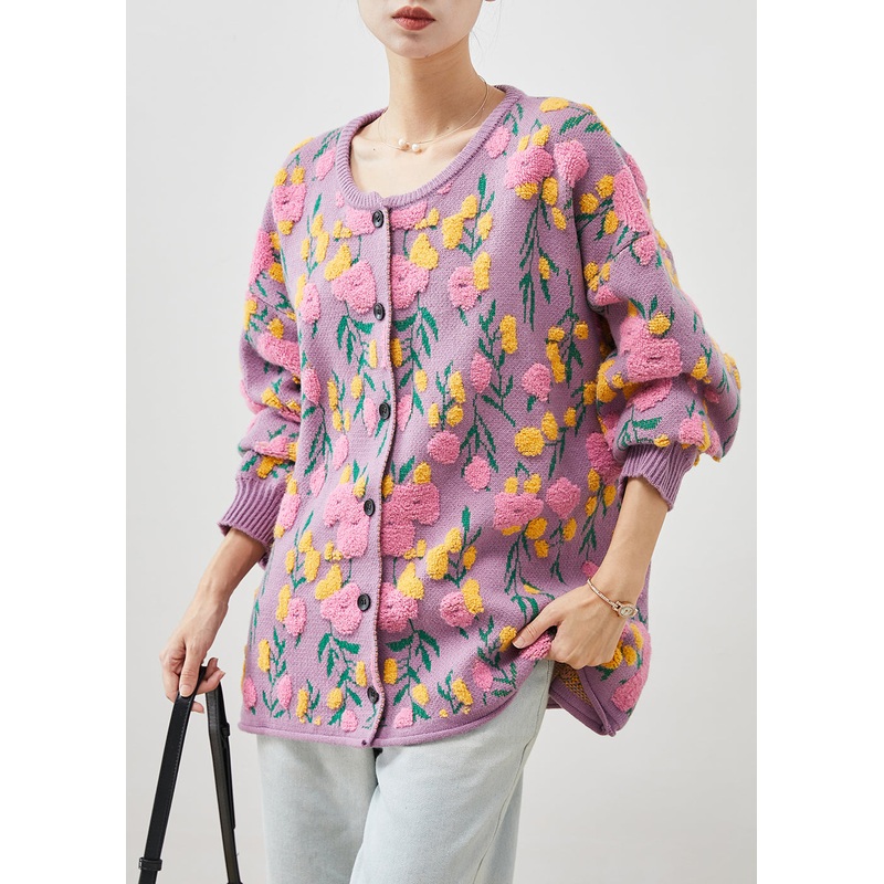 French Pink O-Neck Jacquard Knit Cardigans Winter