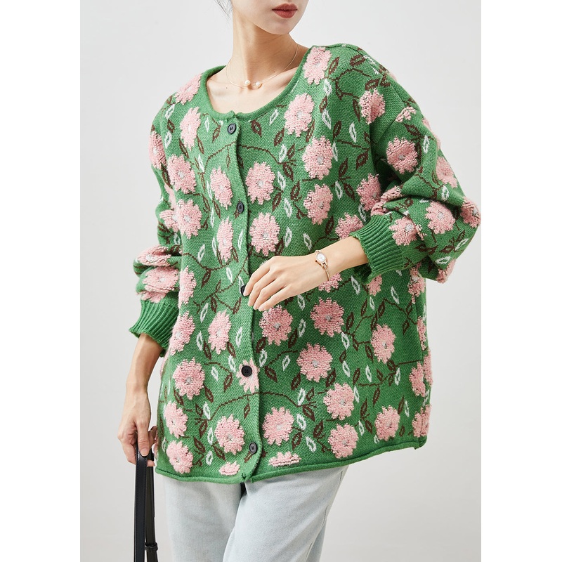 Green Floral Jacquard Cozy Knit Cardigans Oversized Winter