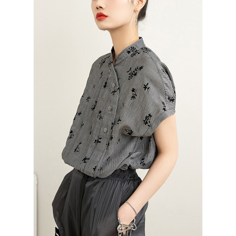 New Grey Stand Collar Button Print Cotton T Shirt Half Sleeve