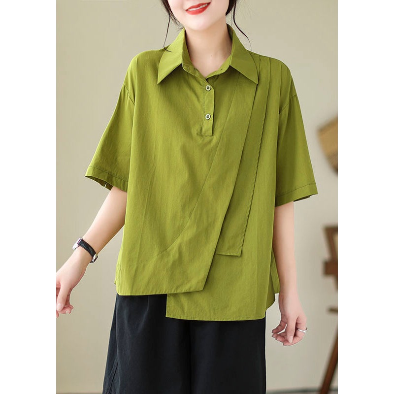 Plus Size Green Peter Pan Collar Asymmetrical Cotton Shirt Top Summer