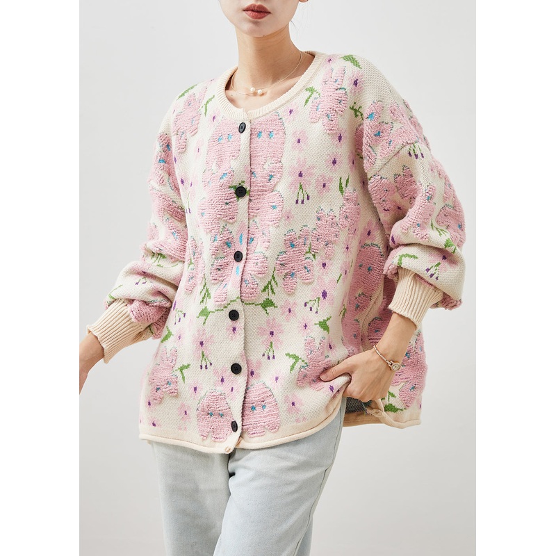 Plus Size Light Pink Oversized Jacquard Knit Cardigans Winter