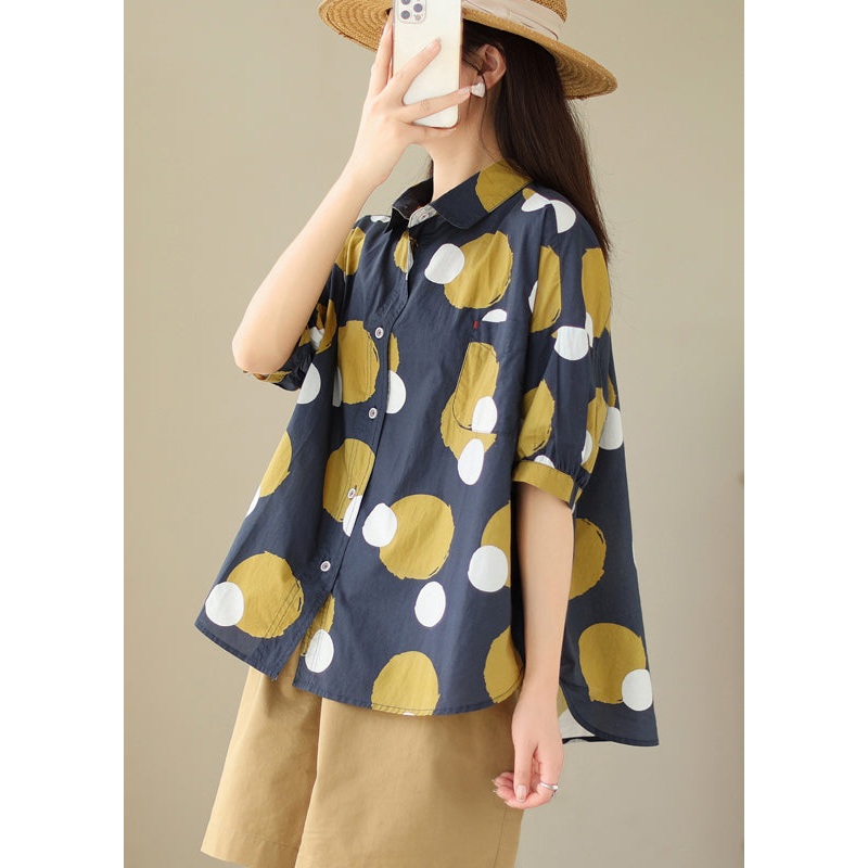 Plus Size Navy Peter Pan Collar Print Cotton Shirt Tops Summer