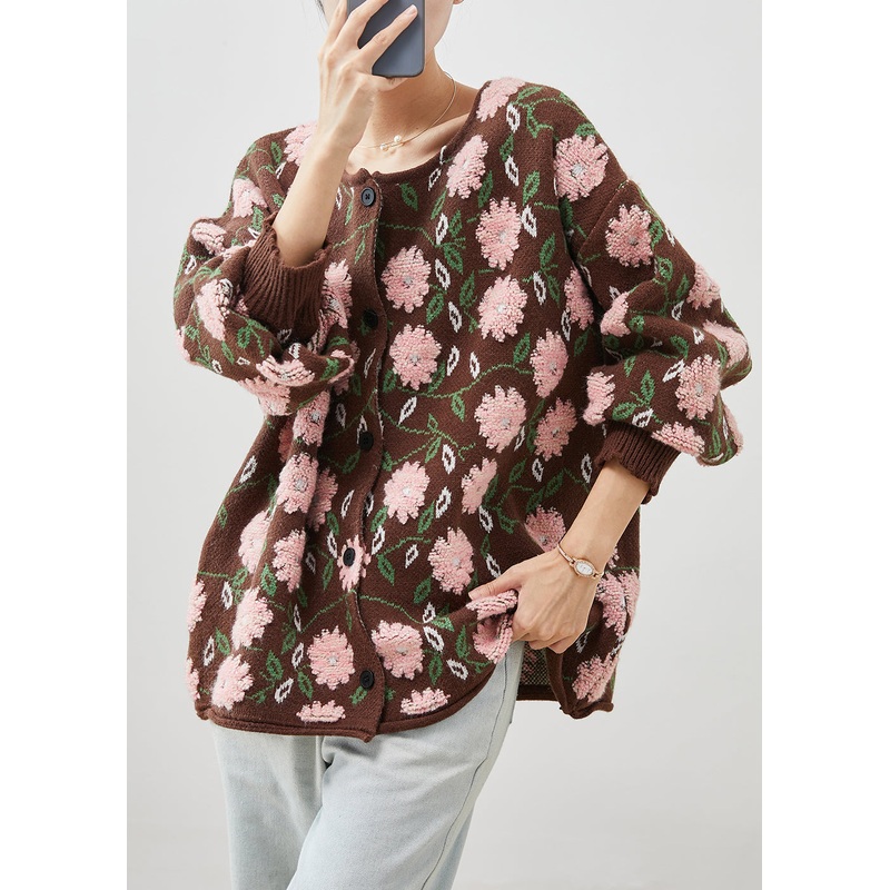 Simple Coffee Oversized Floral Jacquard Knit Cardigan Winter