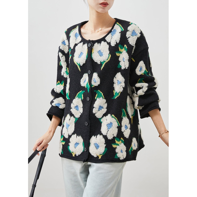 Unique Black Oversized Jacquard Knit Cardigan Winter
