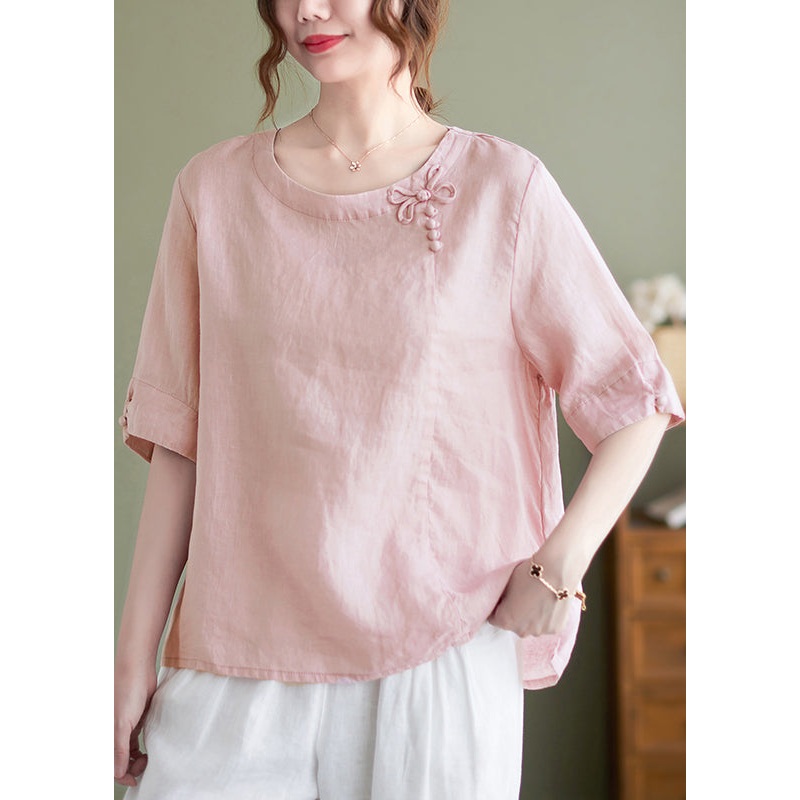 Vintage Pink O Neck Patchwork Cotton T Shirt Summer