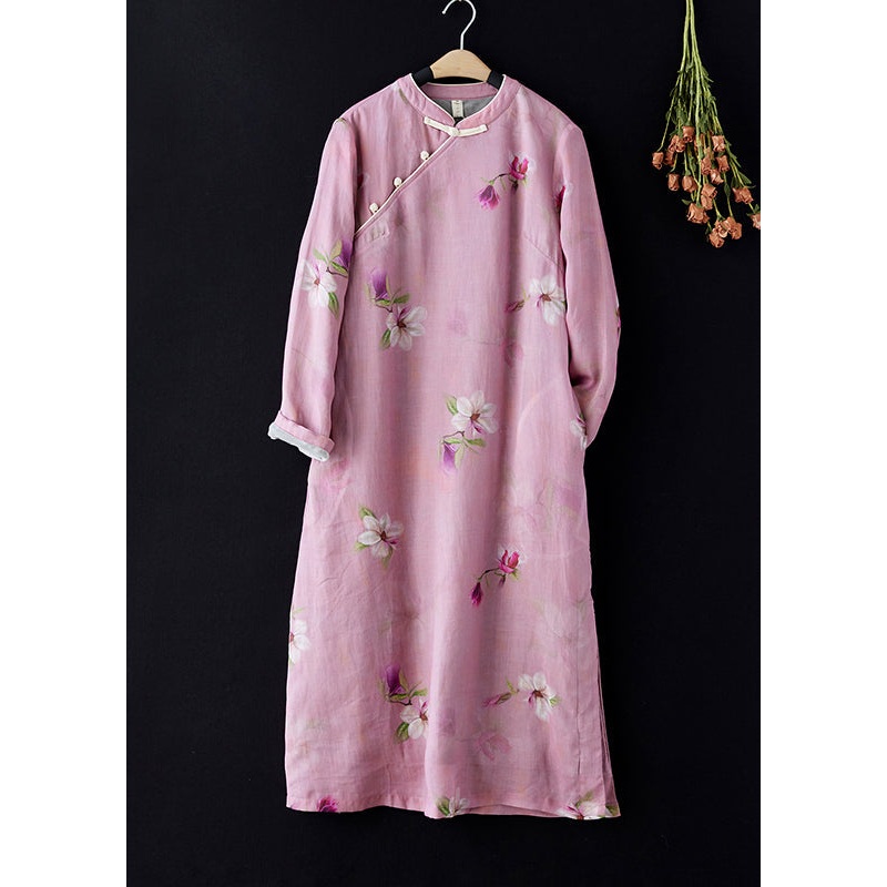 Vintage Pink Stand Collar Print Side Open Warm Fleece Dress Spring