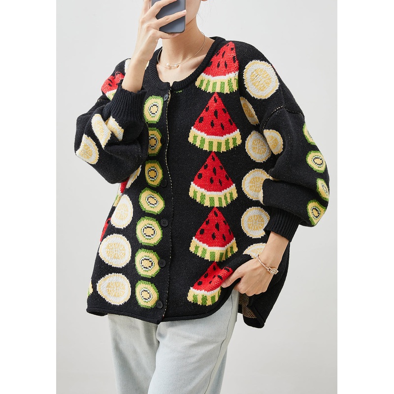 Women Black Fruit Print Oversized Knit Cardigans Winter
