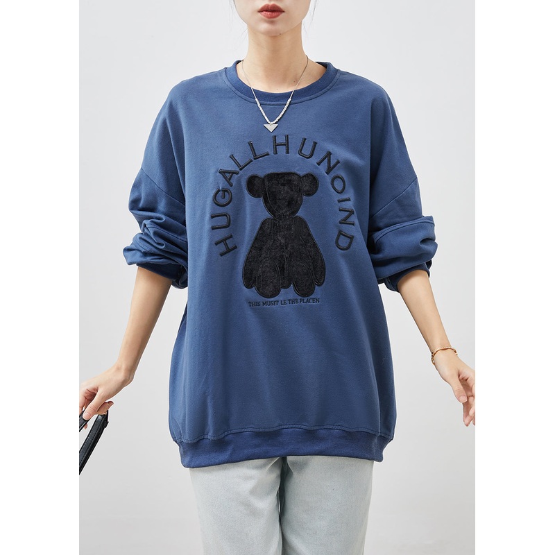 Women Blue Embroideried Oversized Cotton Pullover Streetwear Spring