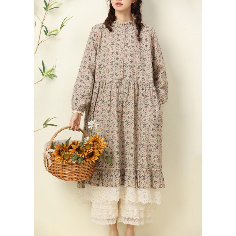 Apricot Pockets Patchwork Cotton Dress O Neck Long Sleeve