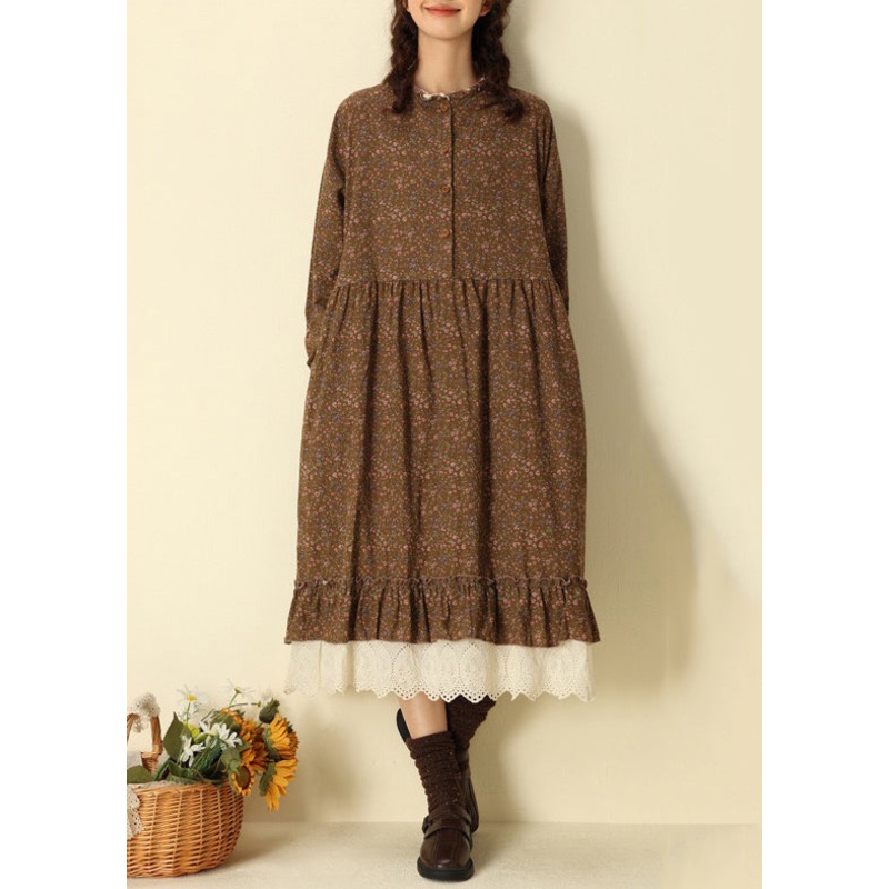 Beautiful Coffee Ruffled Print Cotton Long Dresses Spring