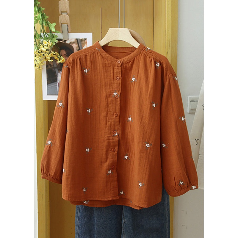 Beautiful Orange Embroidered Button Cotton Blouse Long Sleeve