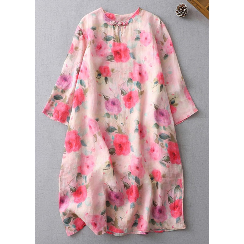 Beautiful Print O-Neck Button Cotton Mid Dress Half Sleeve