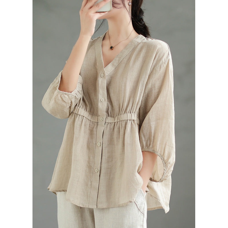 Beige Wrinkled Patchwork Linen Blouses V Neck Spring