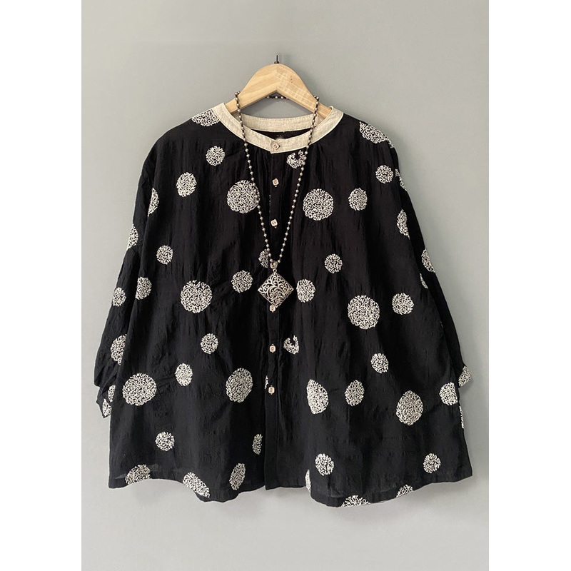 Black Dot Patchwork Linen Top O Neck Long Sleeve