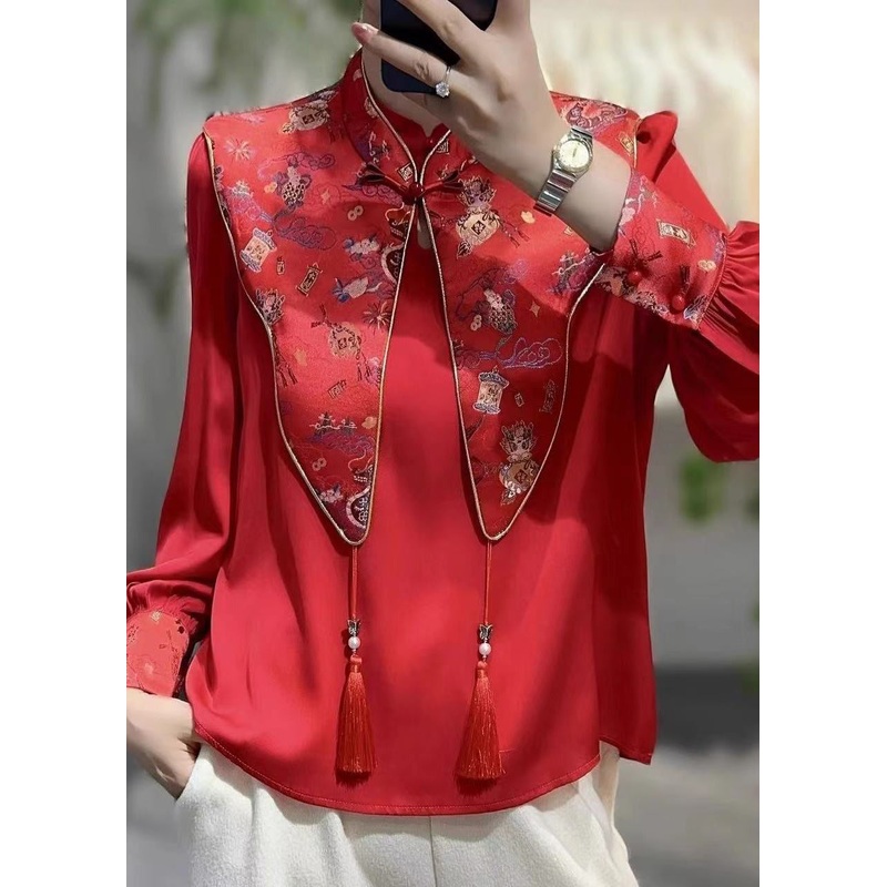 Chinese Style Red Stand Collar False Two Pieces Silk Shirt Top Spring