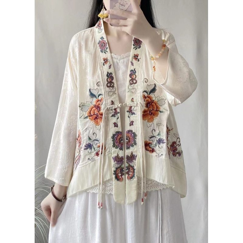 Chinese Style White Tasseled Embroideried Linen Silk Cardigans Spring