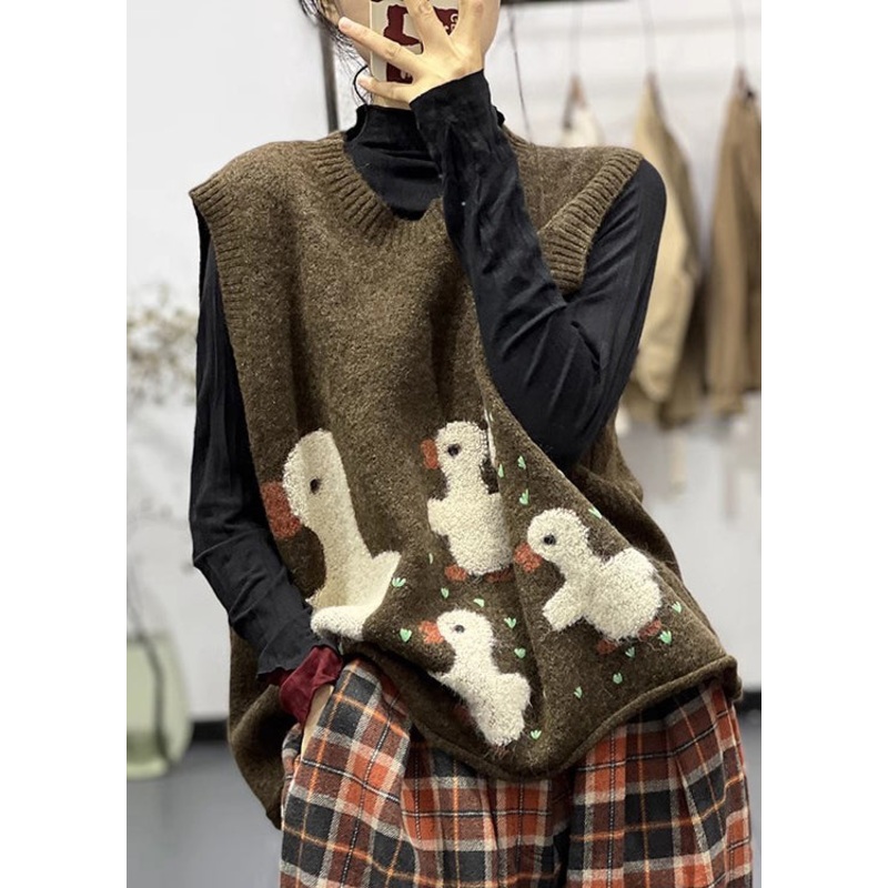 Jacquard Chocolate O-Neck Cozy Cotton Knit Waistcoat Sleeveless