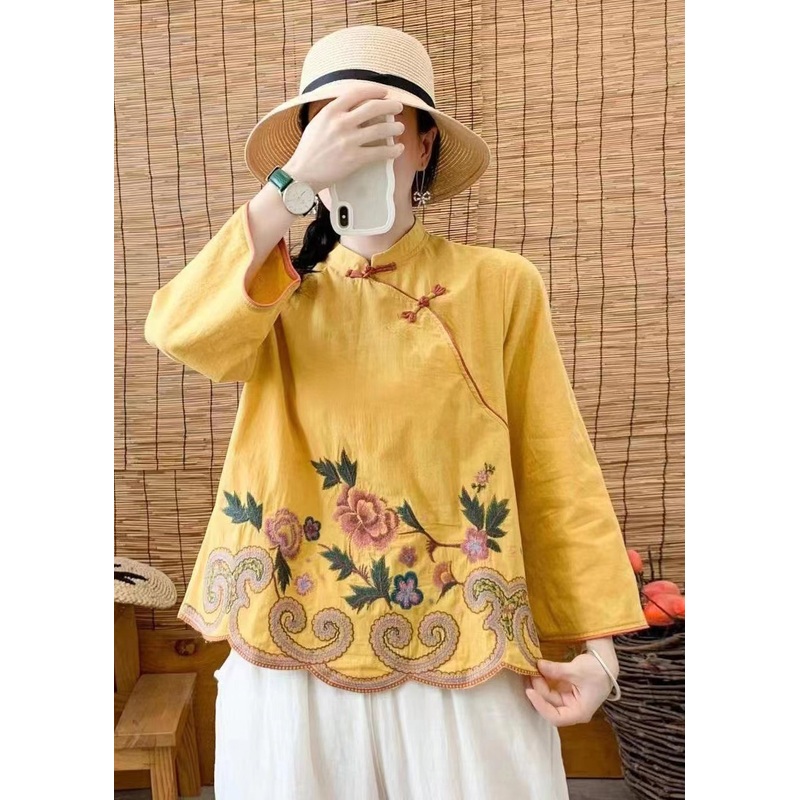Retro Yellow Stand Collar Embroideried Cotton Shirts Spring