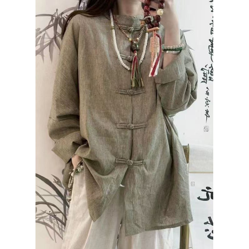 Vintage Loose O Neck Chinese Button Linen Shirt Tops Spring