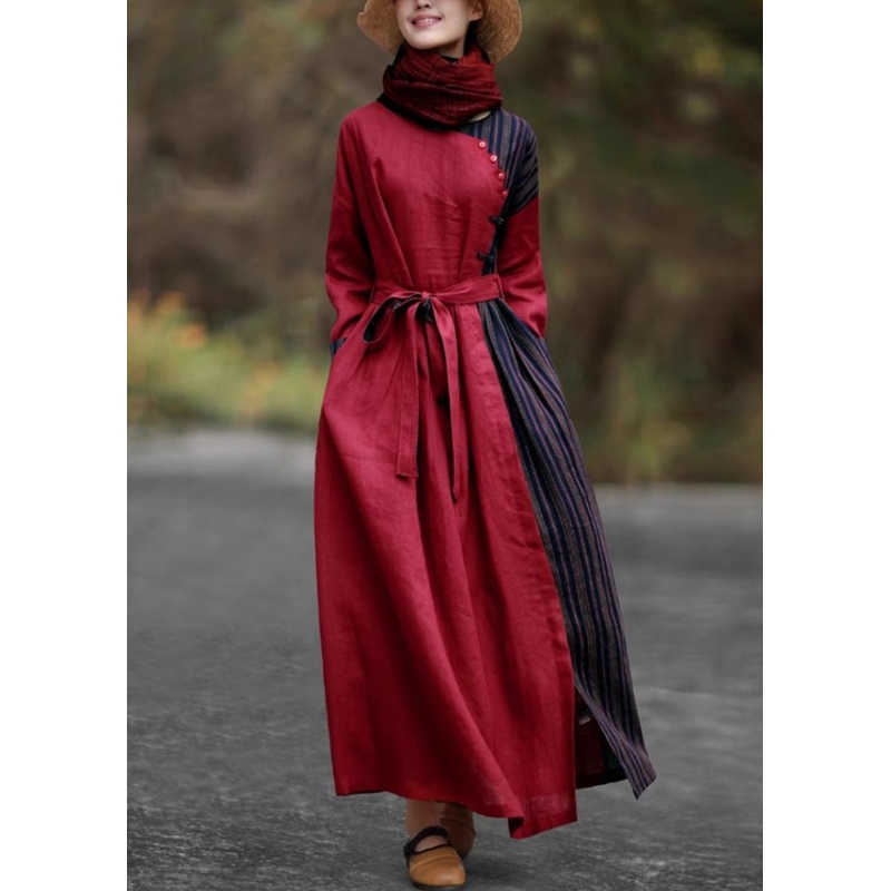 Vintage Red Pockets Tie Waist Patchwork Cotton Long Dresses Spring
