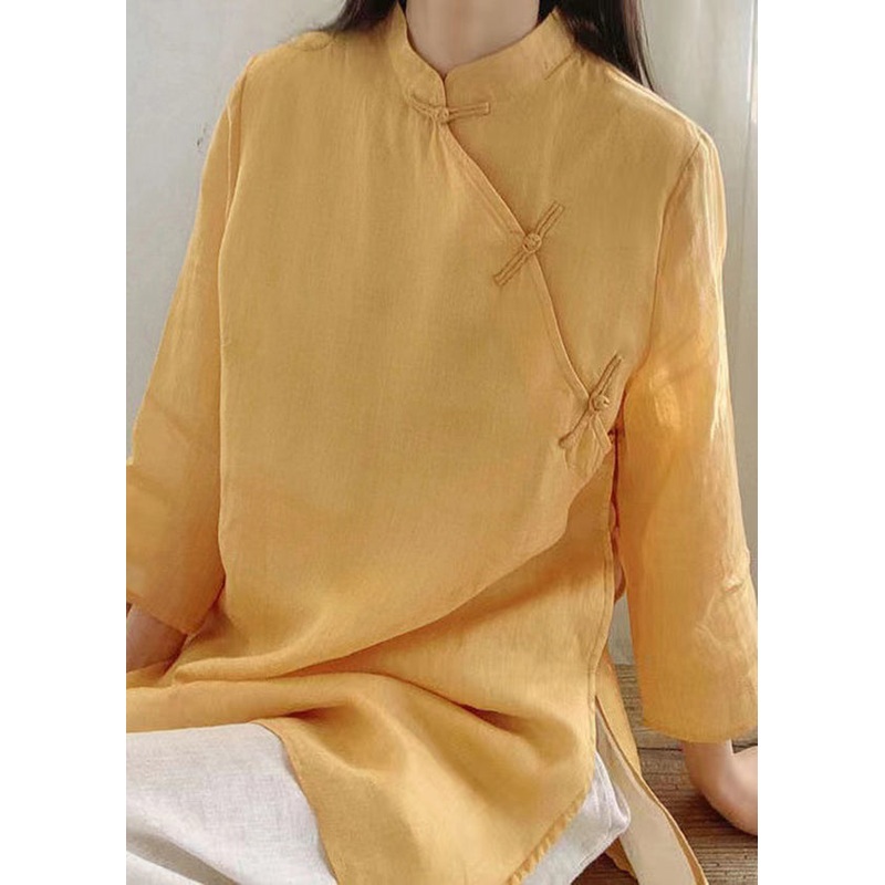 Vintage Yellow Stand Collar Button Cotton Shirt Tops Spring