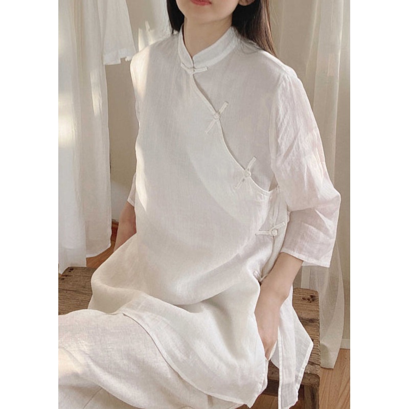 White Chinese Button Cotton Shirt Tops Side Open Spring