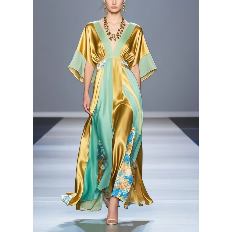 Art Golden V Neck Patchwork Print Silk Long Dresses Summer