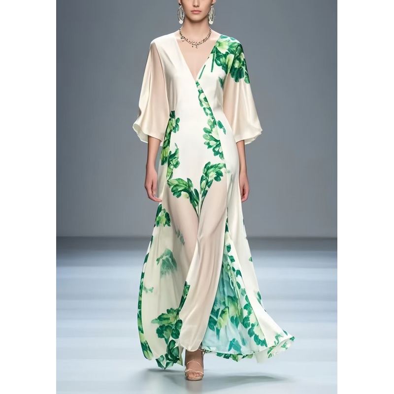Art White V Neck Leaf Print Silk Party Dress Summer