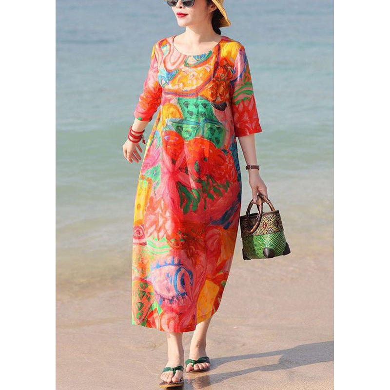 Beautiful Red O Neck Print Pockets Cotton Vacation Dresses Half Sleeve