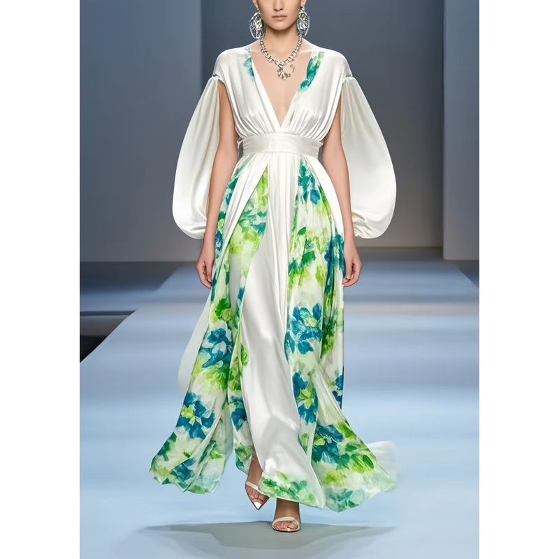 Beautiful White Cinched Patchwork Silk Dress Cloak Sleeves