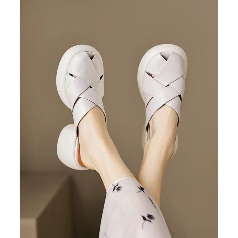 Beige Hollow Out Chunky Cowhide Leather Boutique Slide Sandals