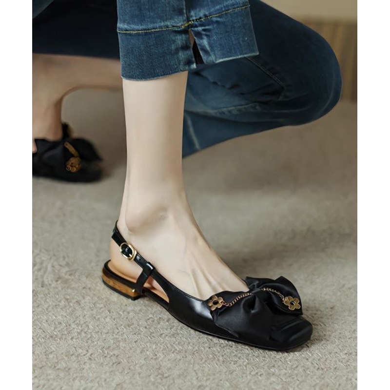 Black Bow Flat Shoes Cowhide Leather Soft Flat Shoes