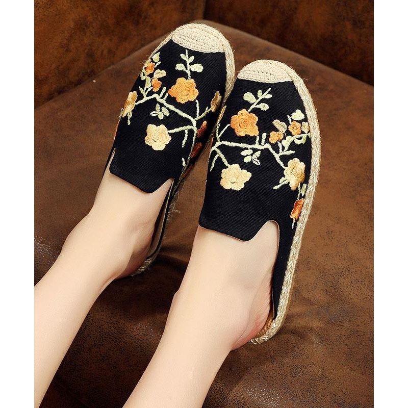 Black Embroidered Cotton Fabric Slippers Shoes